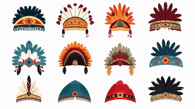 Native American Indian Hat with Feathers Icon Set Isolated on ...