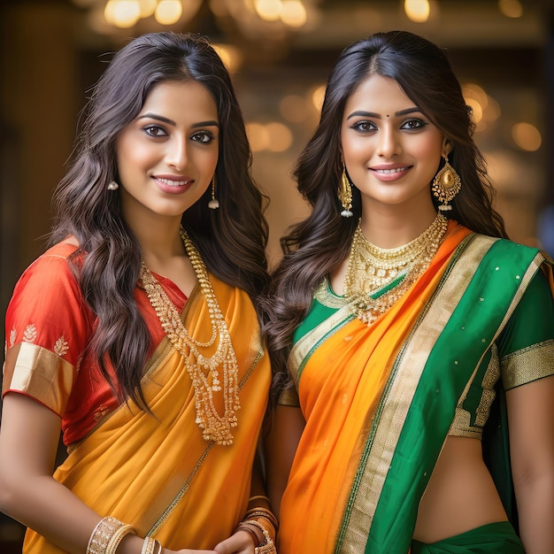 Lindas duas mulheres indianas vestindo saree indiano | imagem ...