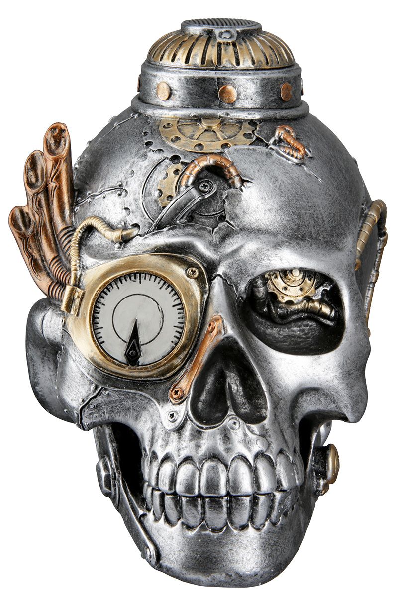 Handmade 2-piece poly sculpture set Steampunk Skull in industrial st