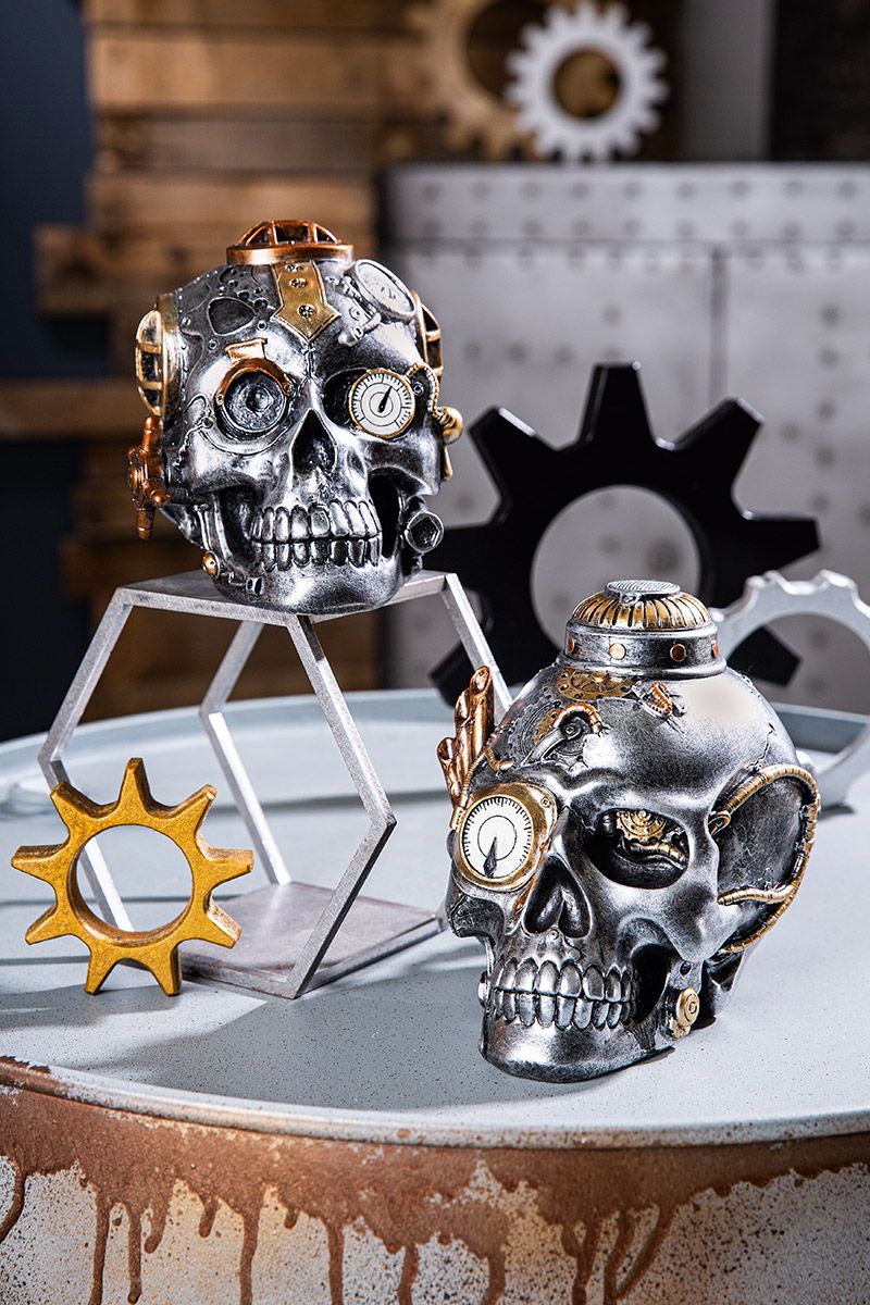Handmade 2-piece poly sculpture set Steampunk Skull in industrial st