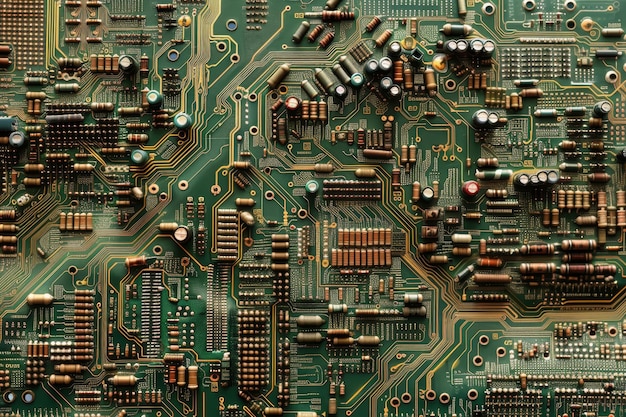 A closeup image of a green circuit board showcasing intricate ...