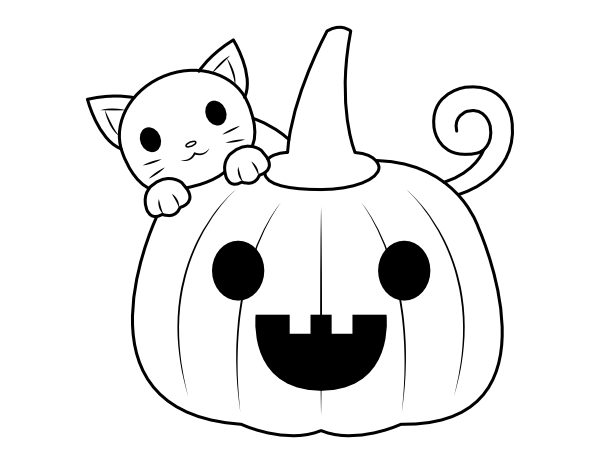 Printable Cute Jack-o-lantern and Cat Coloring Page