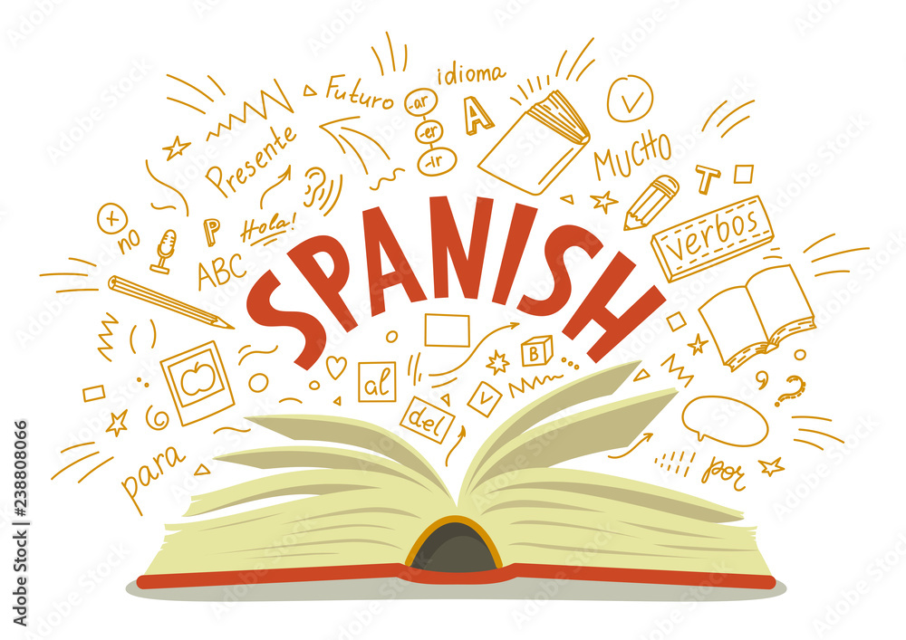 Poster, Wandbilder Spanish. Open book with language hand drawn doodles and  lettering, 40x30 cm