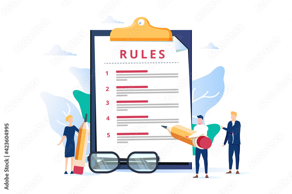 Rules vector illustration. Flat tiny regulations checklist persons ...