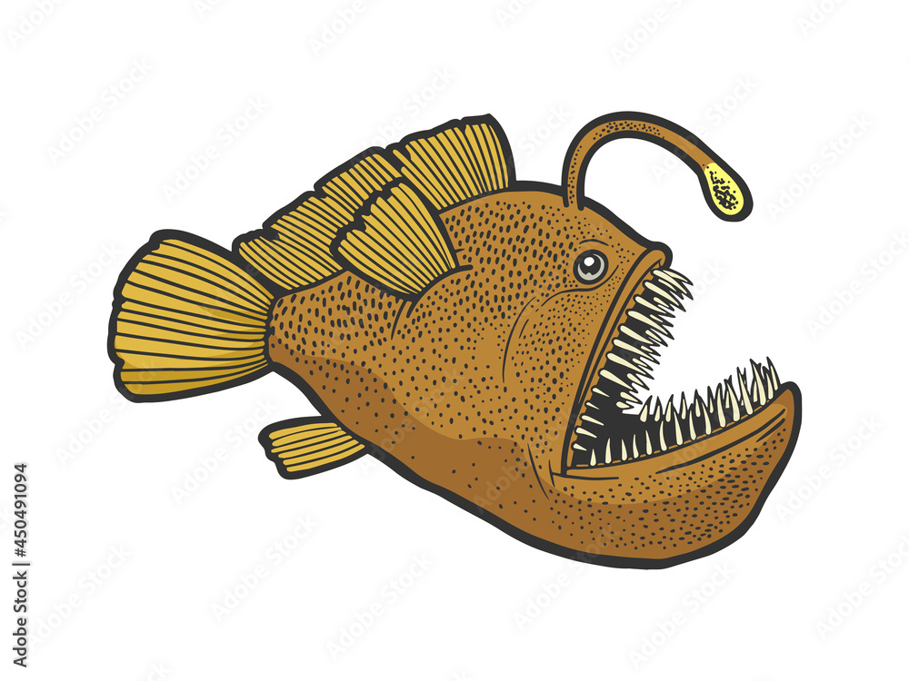 angler deep sea fish with light color sketch engraving vector ...