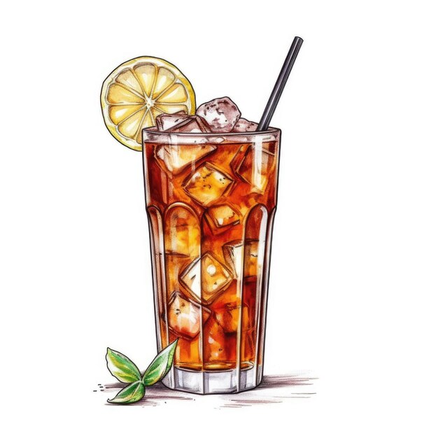 Long Island iced tea Cocktail isolated on white drawn with ...