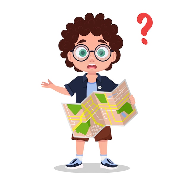 Premium Vector | The child is lost a boy with a map in his hands