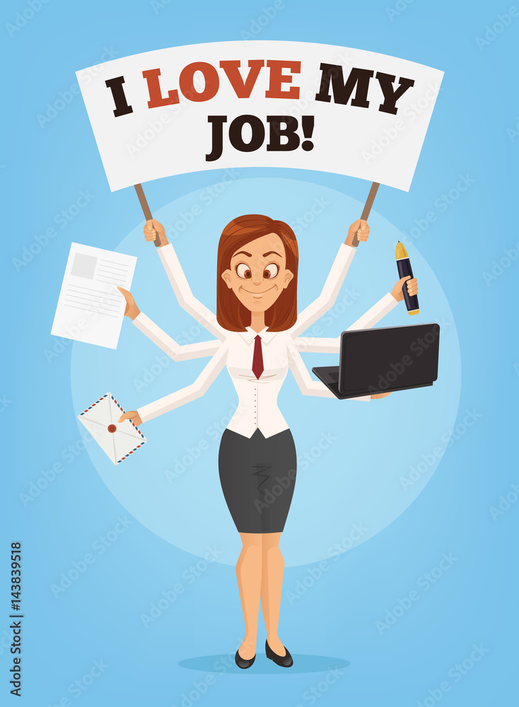 Happy successful smiling businesswoman with many hands holds ...