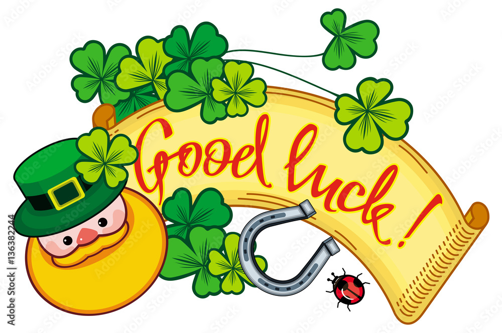 Stock-Vektorgrafik „Funny label with shamrock, leprechaun and text ...
