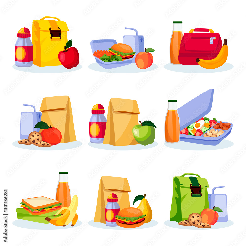 Kids school healthy lunch and snacks. Vector flat cartoon ...
