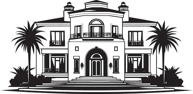 A black and white drawing of a house with a large front entrance ...