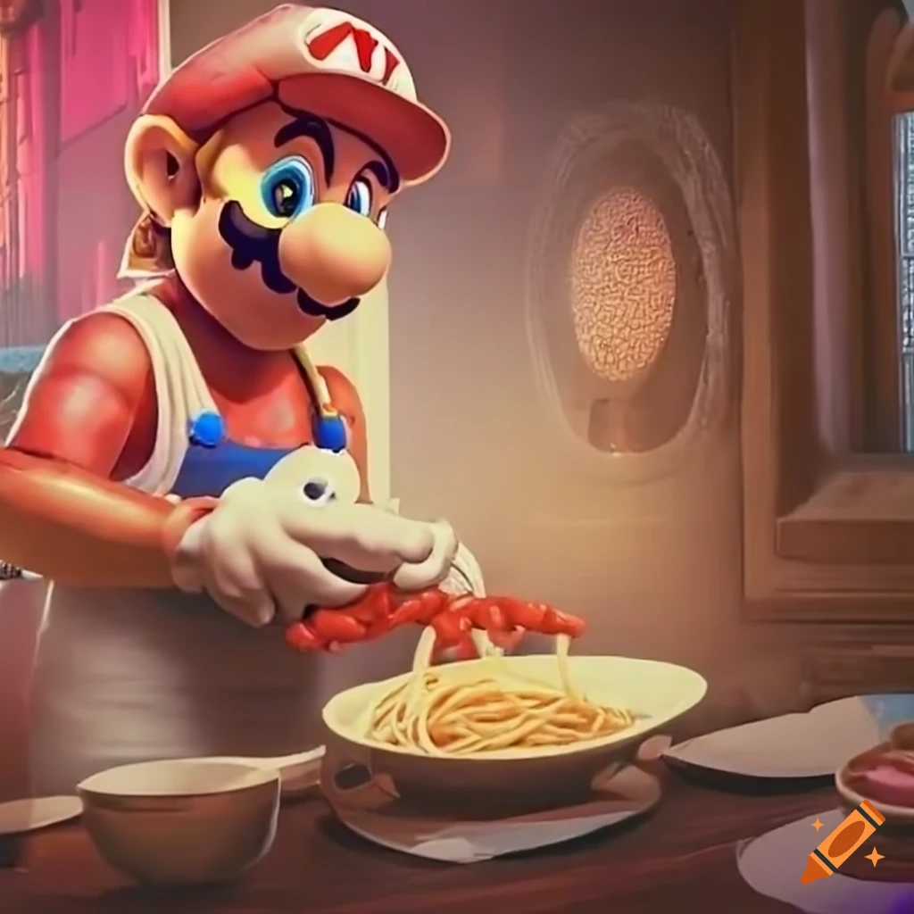 Mario cooking spaghetti, cinematic cyberpunk on Craiyon