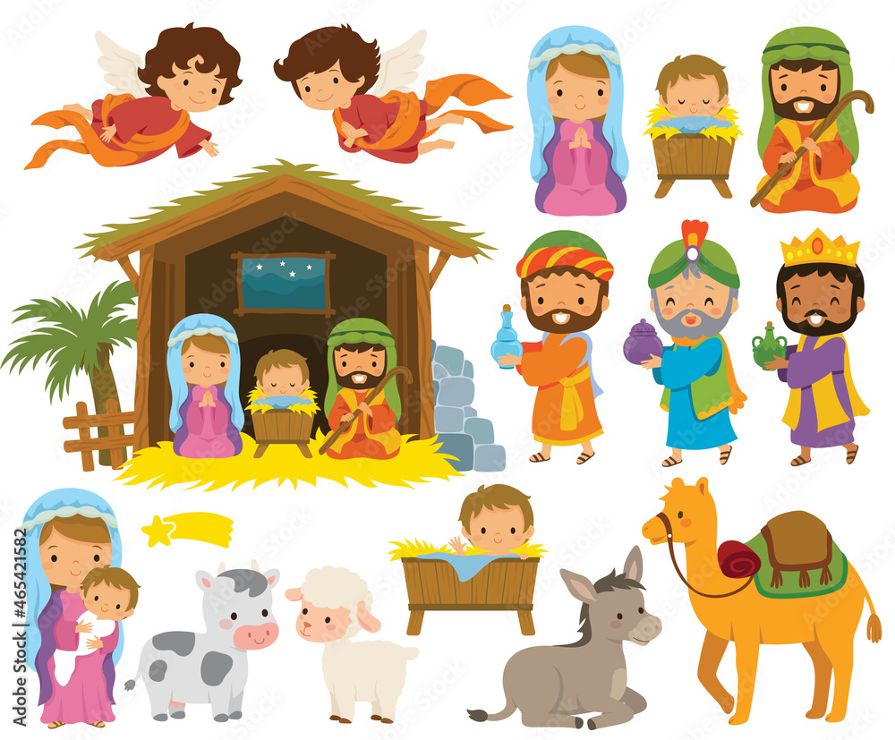 Poster, Wandbilder Nativity scene clipart set with cartoon baby Jesus,  Mary, Joseph and the three wise men in Bethlehem, 40x33.1 cm