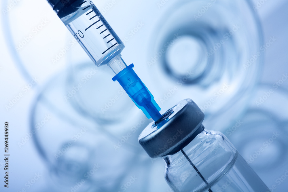Poster, Wandbilder Vaccine vial dose flu shot drug needle syringe,medical  concept vaccination hypod, 40x26.7 cm