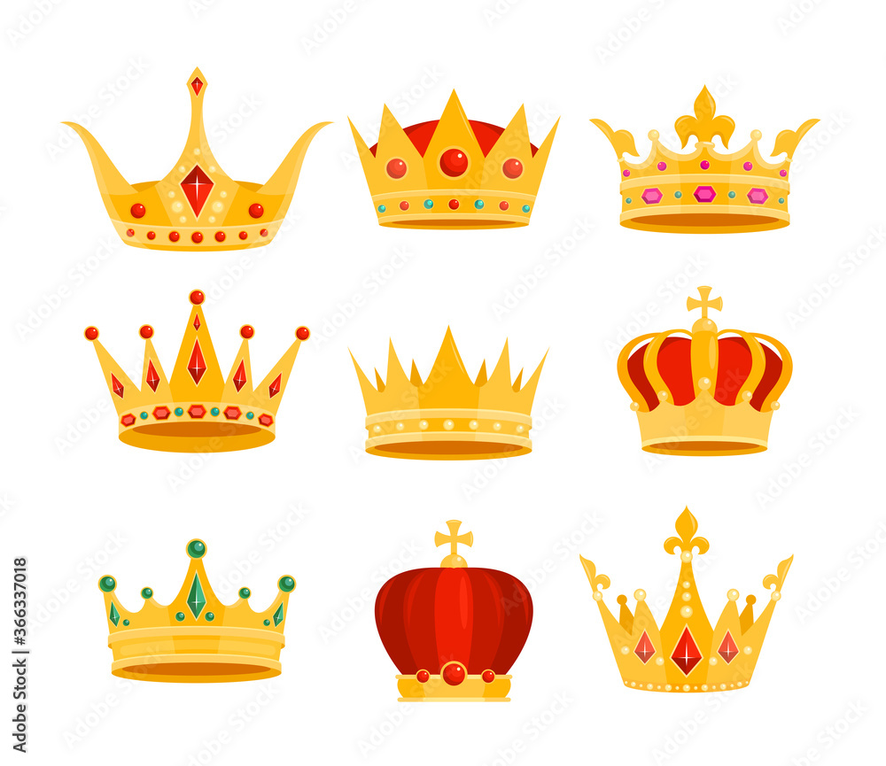 Golden crown vector illustration set. Cartoon flat gold royal ...