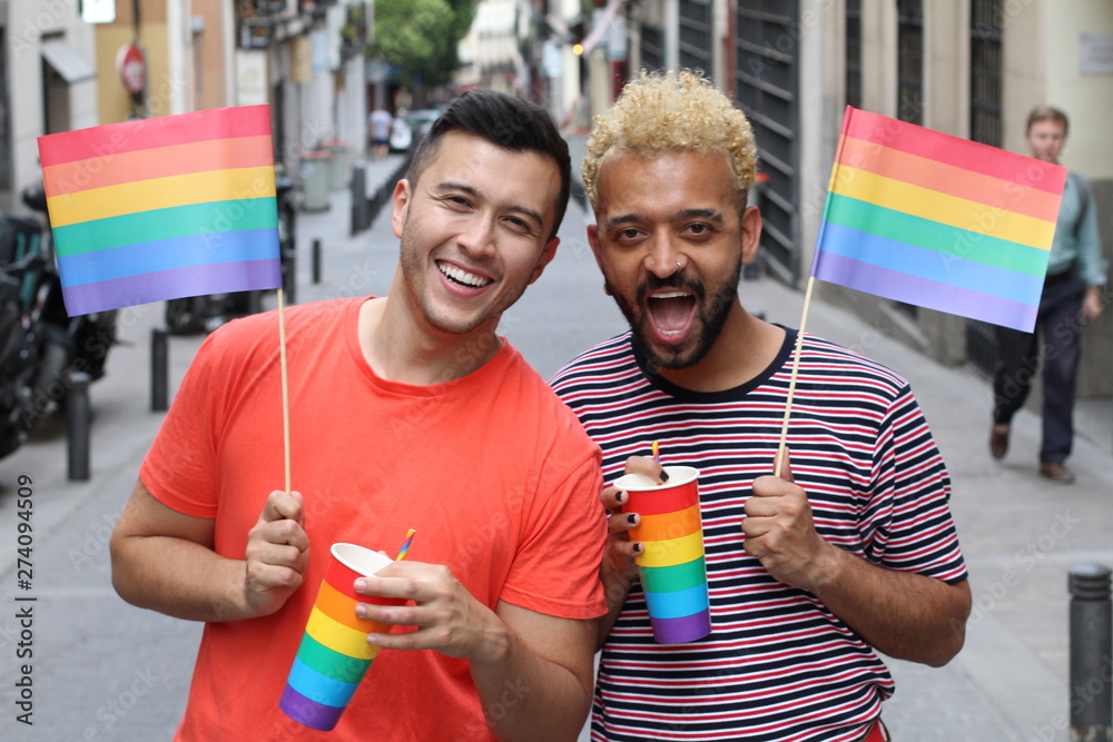 Two gay men partying outdoors Stock-Foto | Adobe Stock