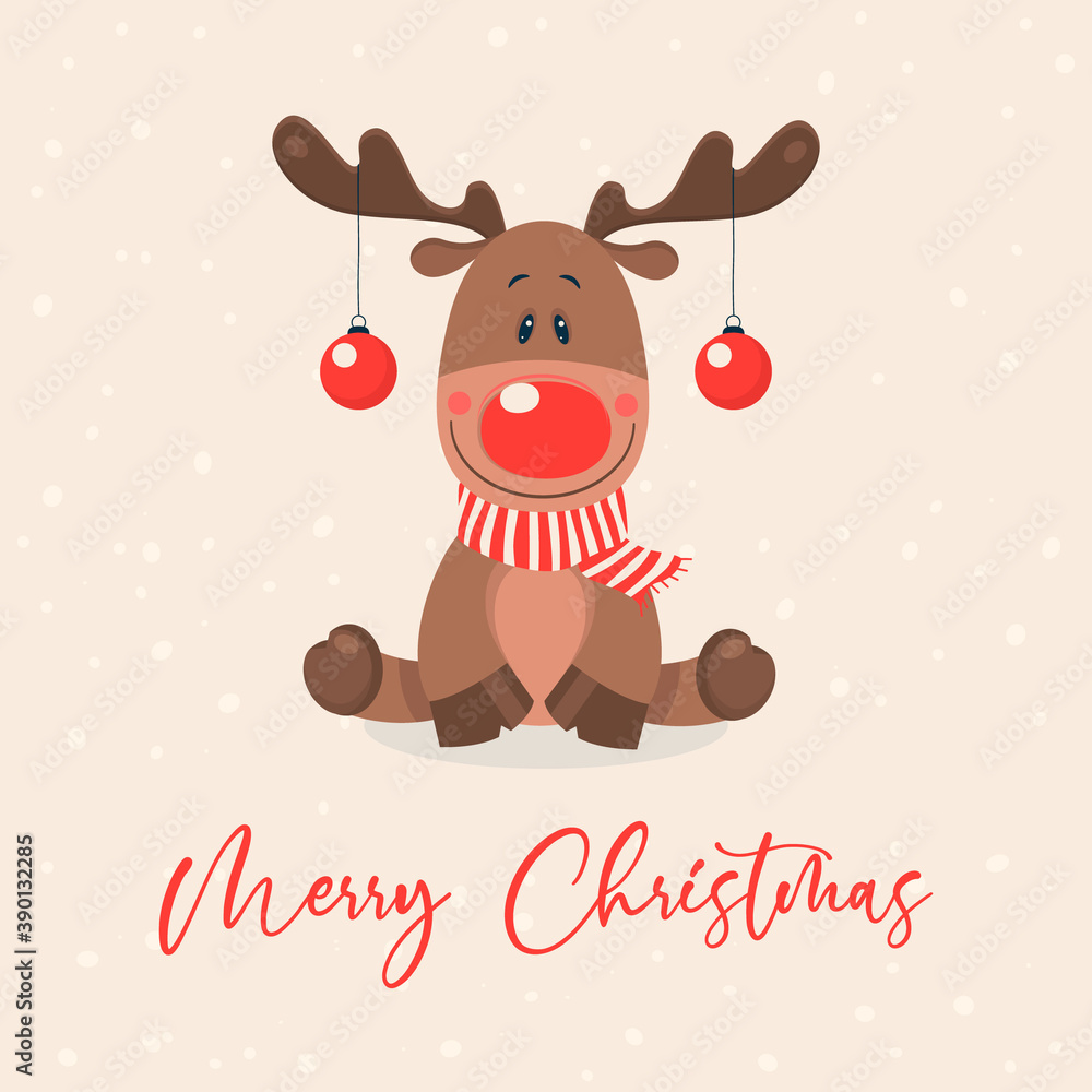 Merry Christmas Postcard. Vector Christmas Cute Reindeer with ...