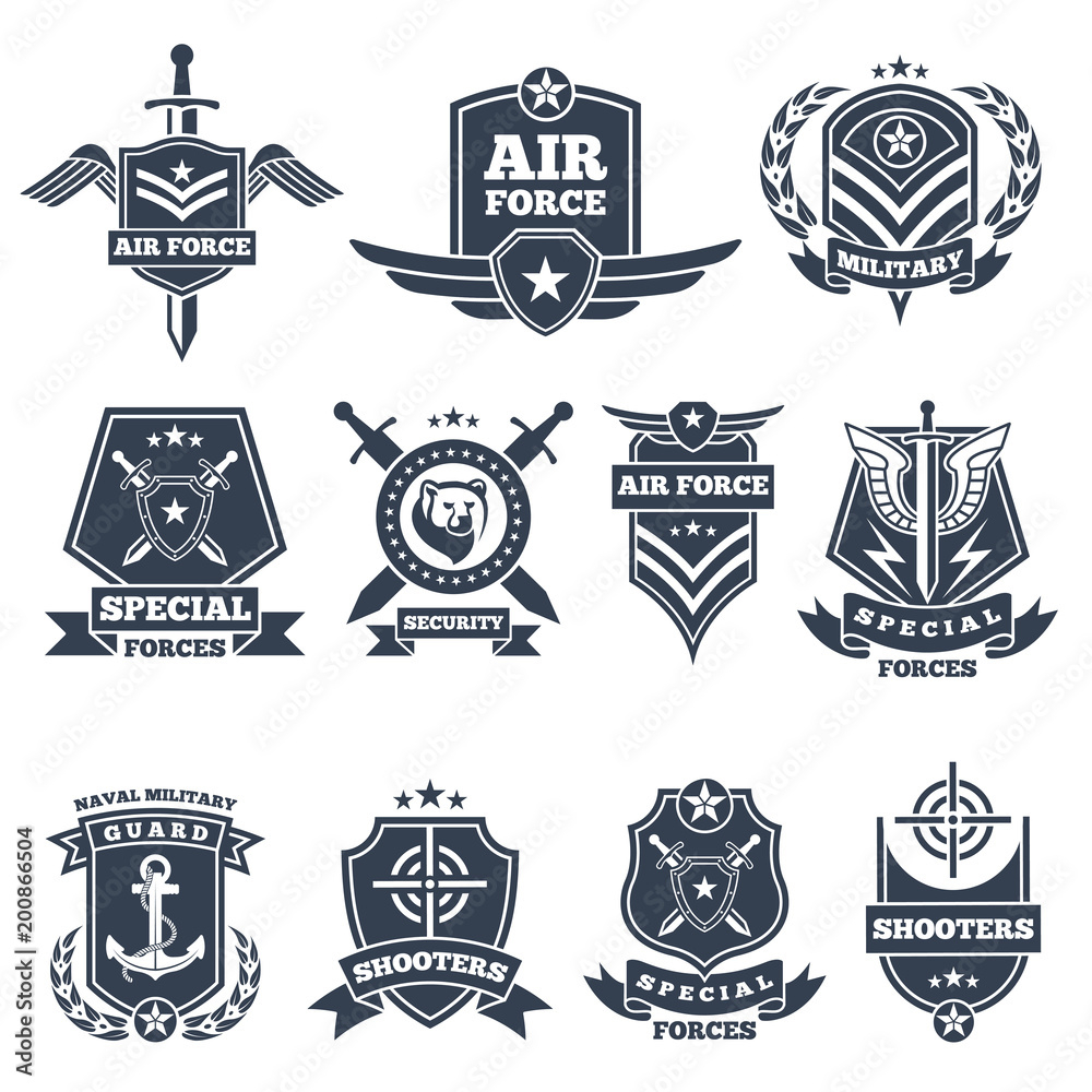 Stock-Vektorgrafik „Military logos and badges. Army symbols ...