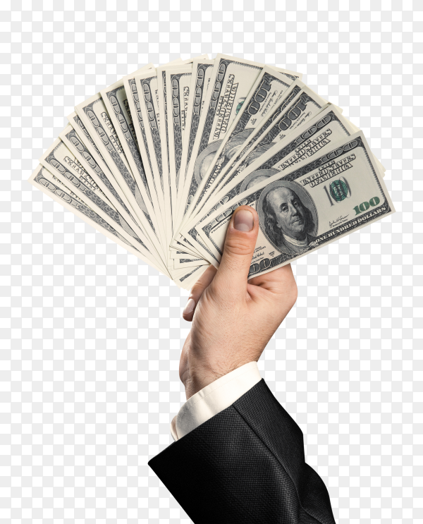 Business mans hand holding money handful of dolllars on ...