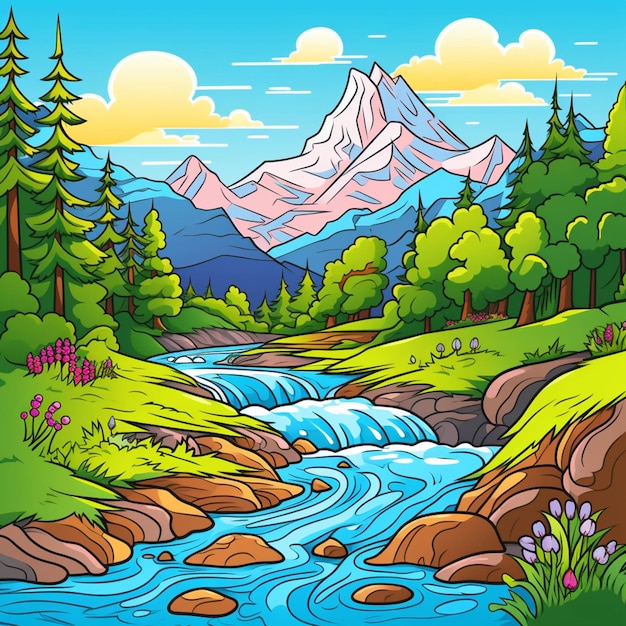 A cartoon illustration of a mountain stream in a forest generative ...