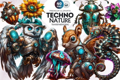 Techno Nature Clipart Set, steampunk clipart PNG