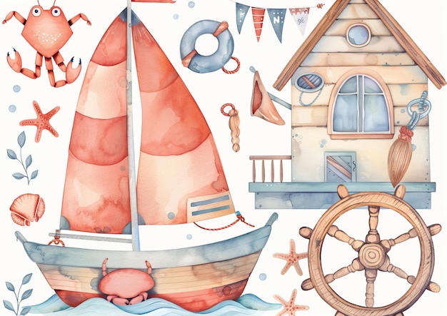 This nautical clipart set depicts a ship yacht house in red a crab ...