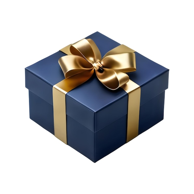 Navy blue gift box with a metallic gold bow on a white background ...
