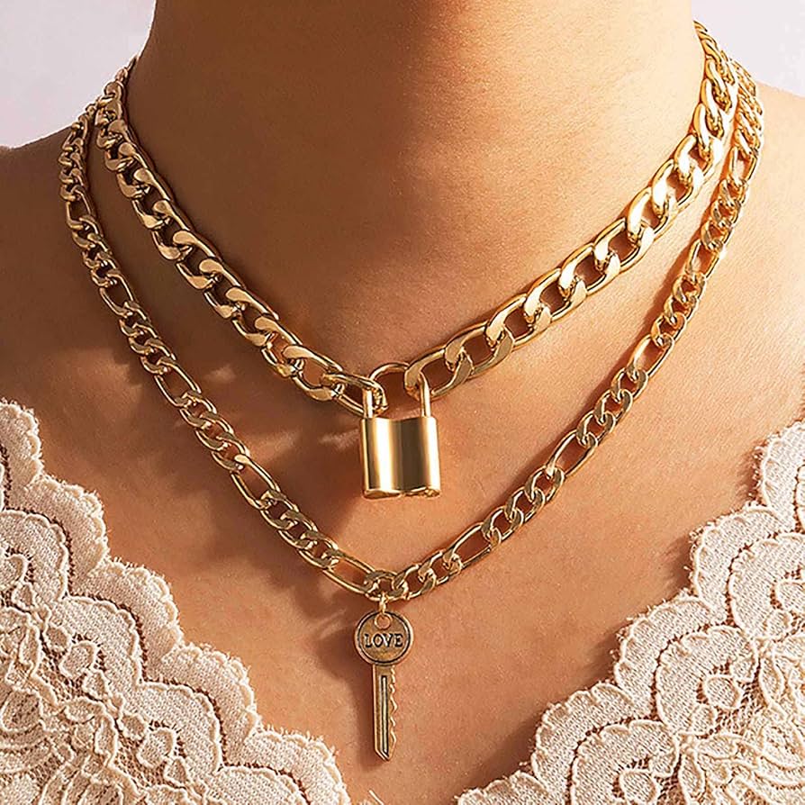 Atentuyi Punk Cuban Chunky Chain Layered Necklaces Gold Choker Lock  Necklace Pendant Key Necklaces Flat Curb Link Chain Thick Chain Multilayer  Collar ...