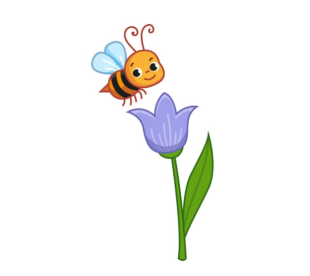 Premium Vector | A cute cartoon bee collects nectar from a blue ...