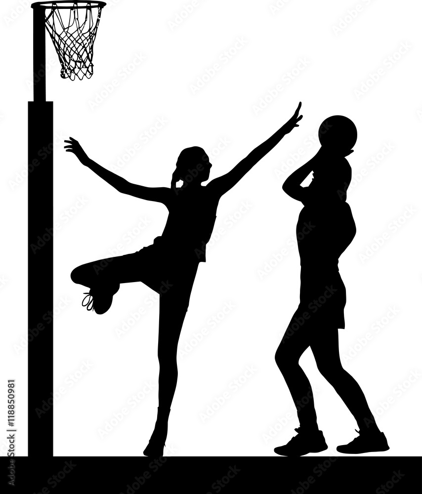 Silhouette of girls ladies netball players jumping and blocking ...
