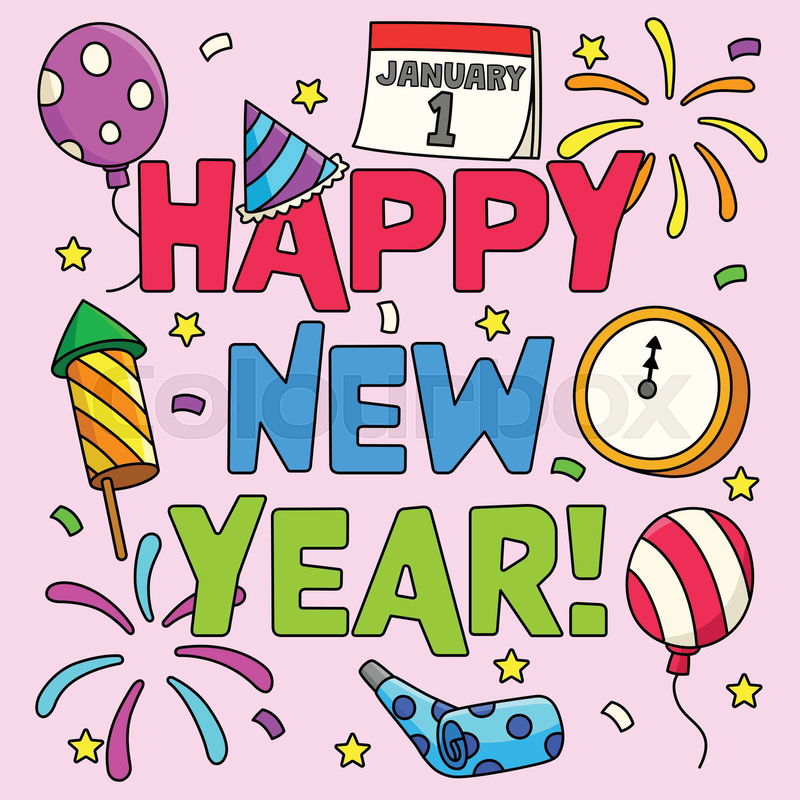 This cartoon clipart shows a Happy New Year January 1 illust ...