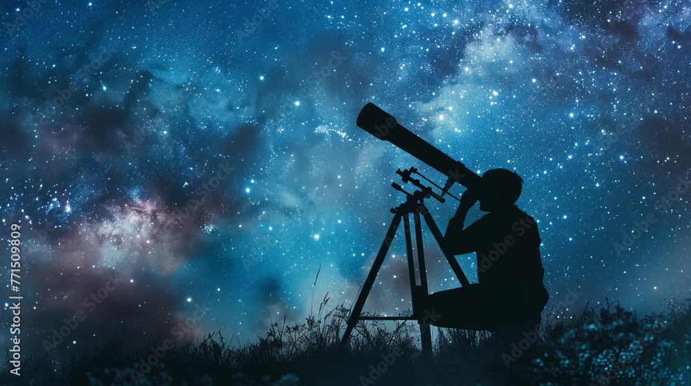 Poster, Wandbilder A hobbyist stargazer observes the heavens through a  telescope., 40x22.2 cm