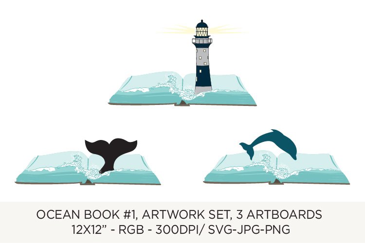 ocean book, whale, dolphin, lighthous, sea waves svg clipart