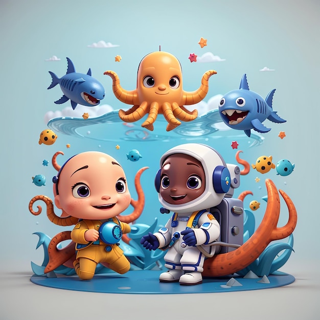 Cute astronaut alien diver octopus and shark playing in 2024 new ...