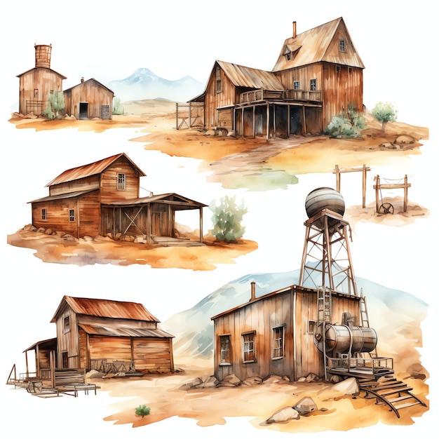 Watercolor Old mining town western wild west cowboy desert ...