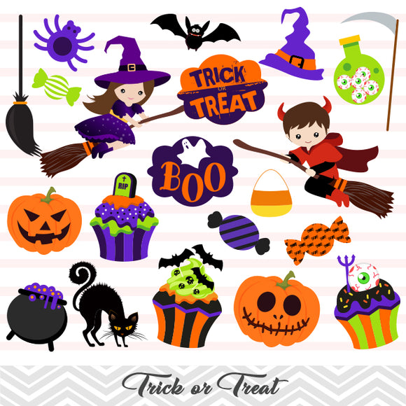 Halloween Clip Art, Trick or Treat Clipart, Halloween Boy and Girl ...