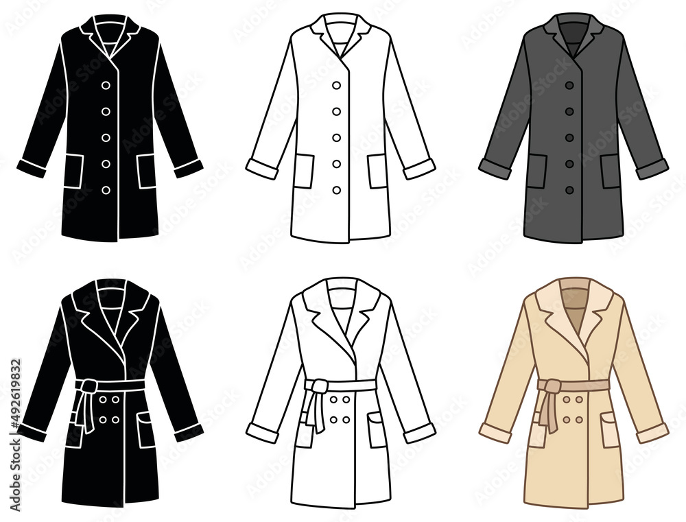 Long Coat and Trench Coat Clipart Set - Outline, Silhouette and ...