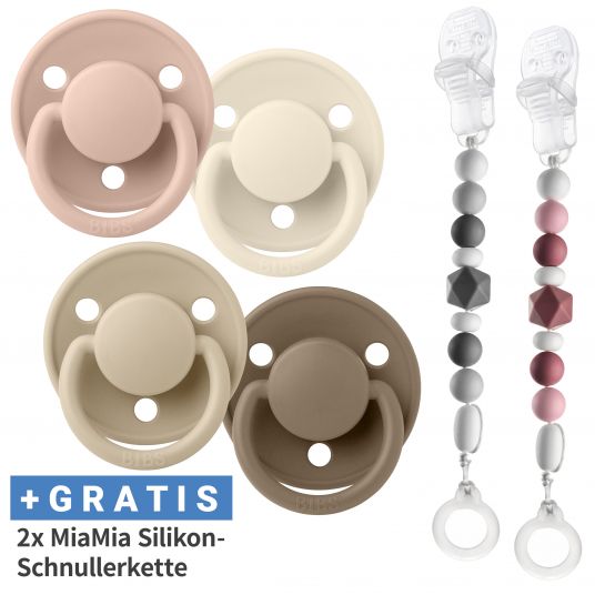 Bibs - Set of 6 pacifiers - 4 silicone pacifiers De Lux 0-36 M + FREE 2x  silicone pacifier chain - Ivory Blush Vanilla Dark Oak - Babyartikel.de