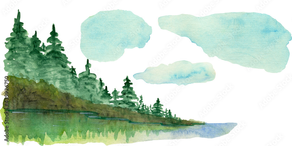 Watercolor clipart, Mountains lake trees clouds travel painting ...