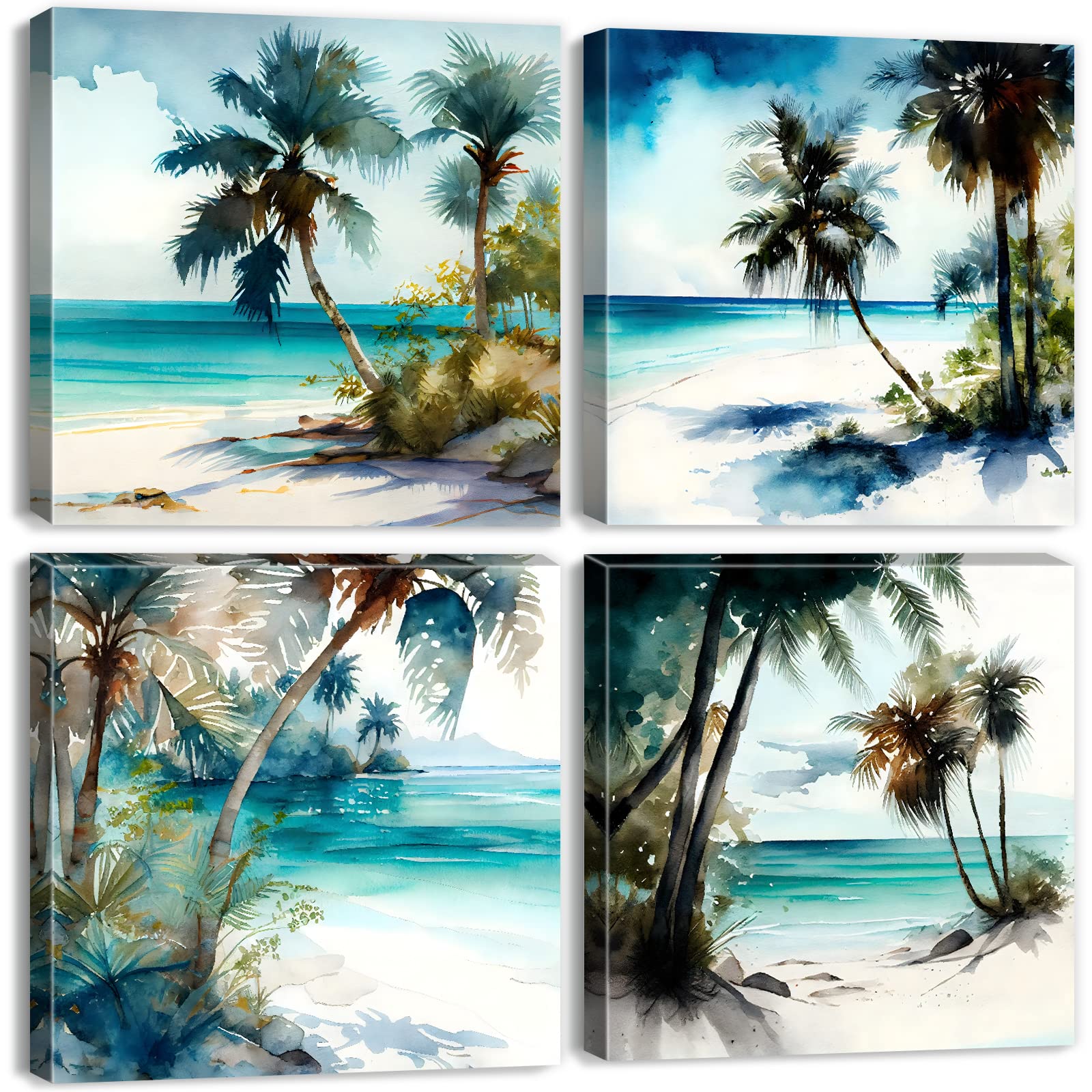 Teal Beach Palm Tree Canvas Wall Art Watercolor Blue Sea Landscape Print  Painting Wall Decor 16x16 Inch 4 Pieces Abstract Coastal Landscape Picture  ...