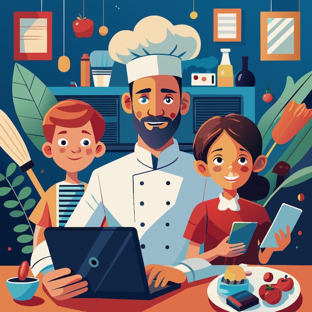 Papa con hijos chef con internet vector illustration flat 2 ...