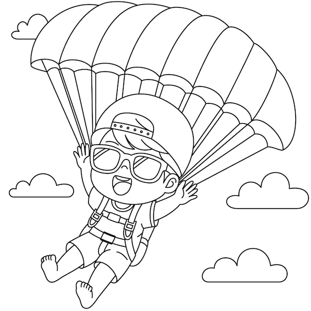 Premium Vector | Little boy parachute coloring page for kids ...