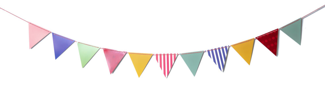 Paper party flags for decoration and covering on white background ...