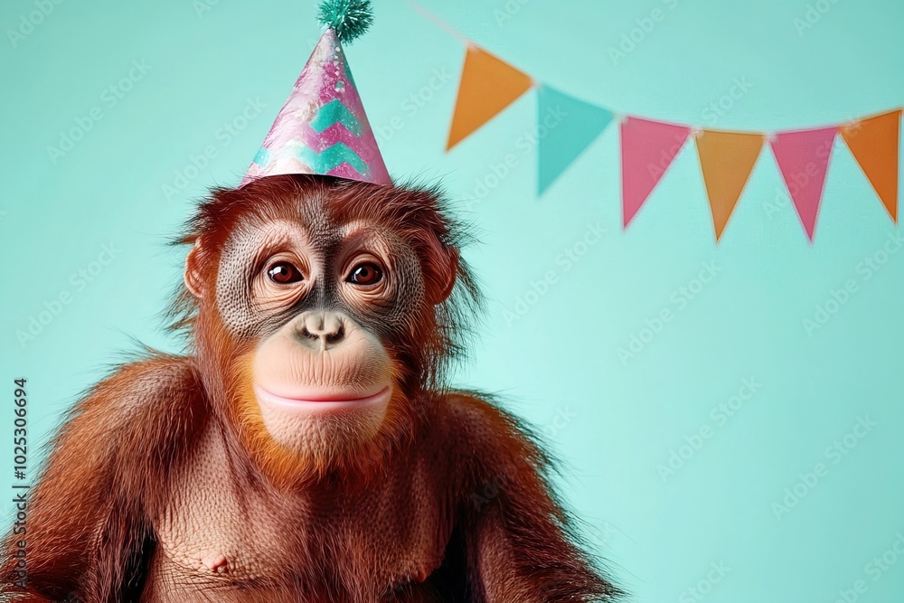 Poster, Wandbilder Birthday celebration concept portrait of orangutan  monkey in party hat and garla, 40x26.7 cm