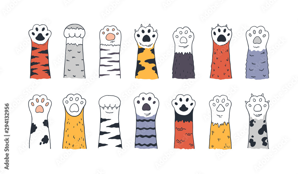 Cat paws. Doodle animal foot, cute cartoon kitten and puppy paws ...