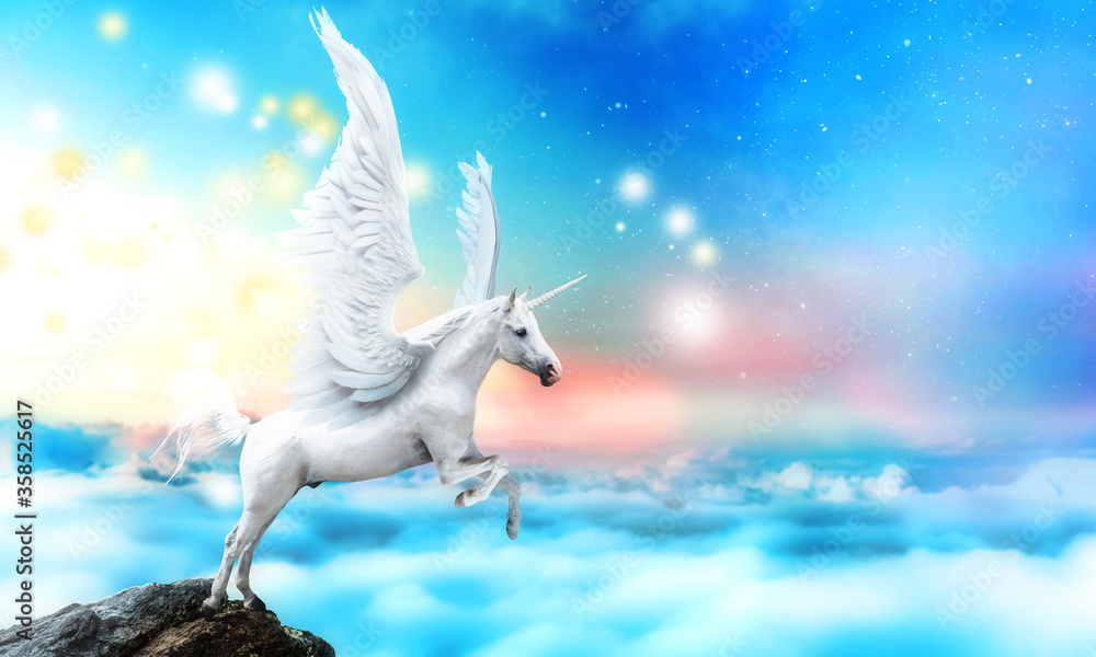 Poster, Wandbilder White pegasus unicorn in a cliff high above the clouds,  40x24 cm