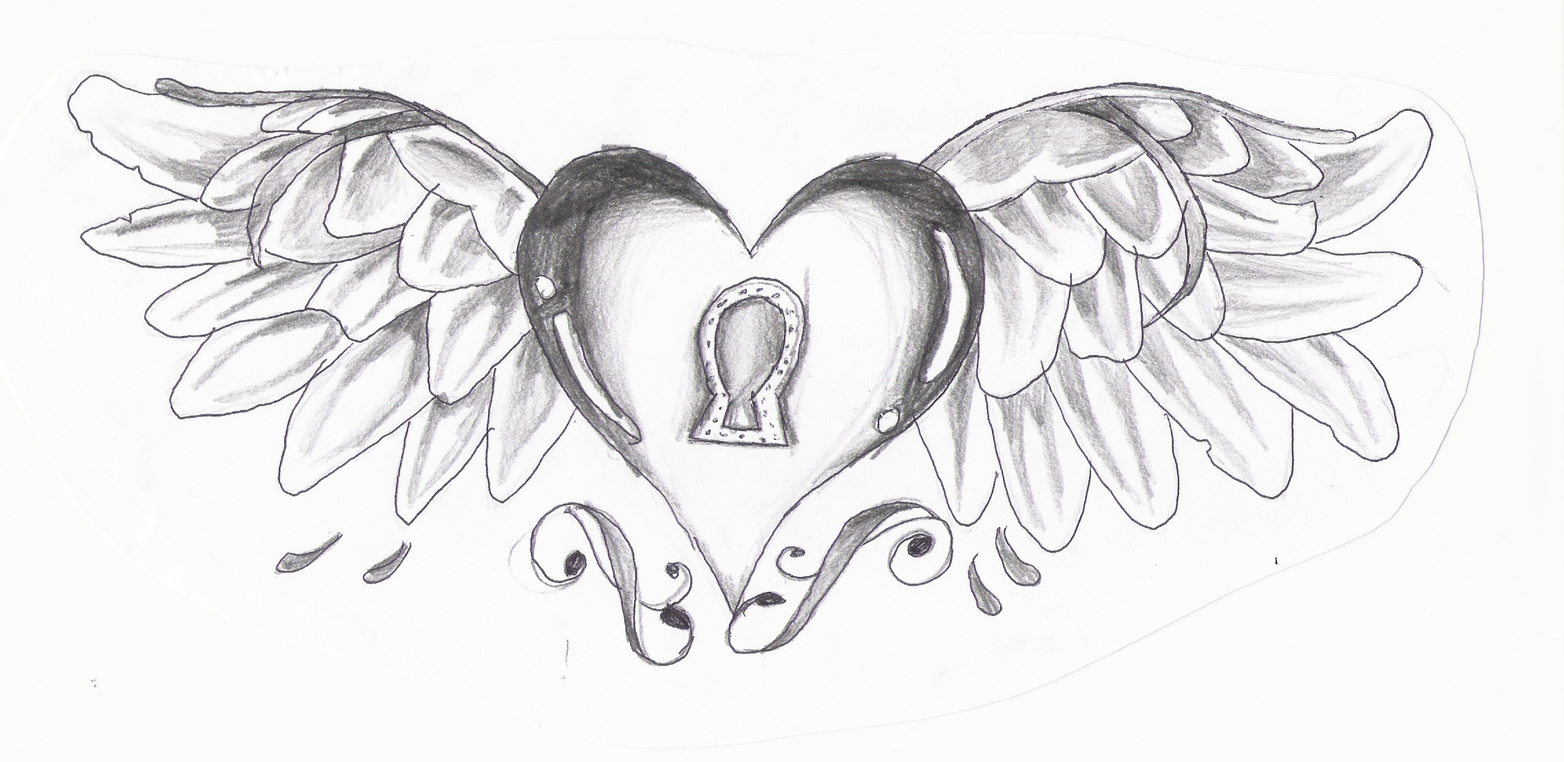 pencil drawings of hearts with wings and banners