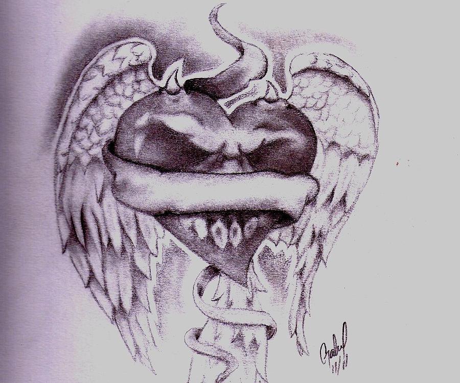 pencil drawings of hearts with wings and banners