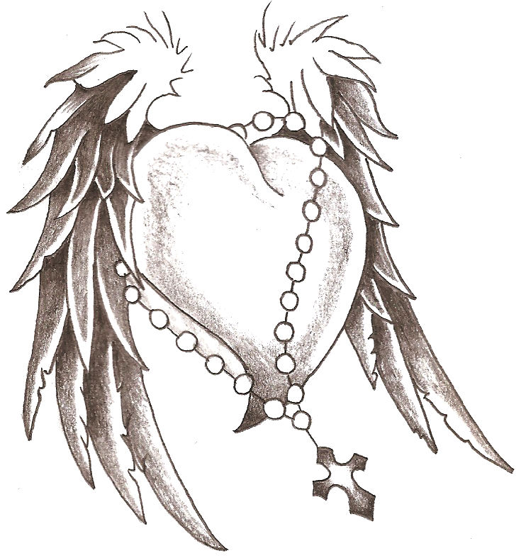 pencil drawings of hearts with wings and banners