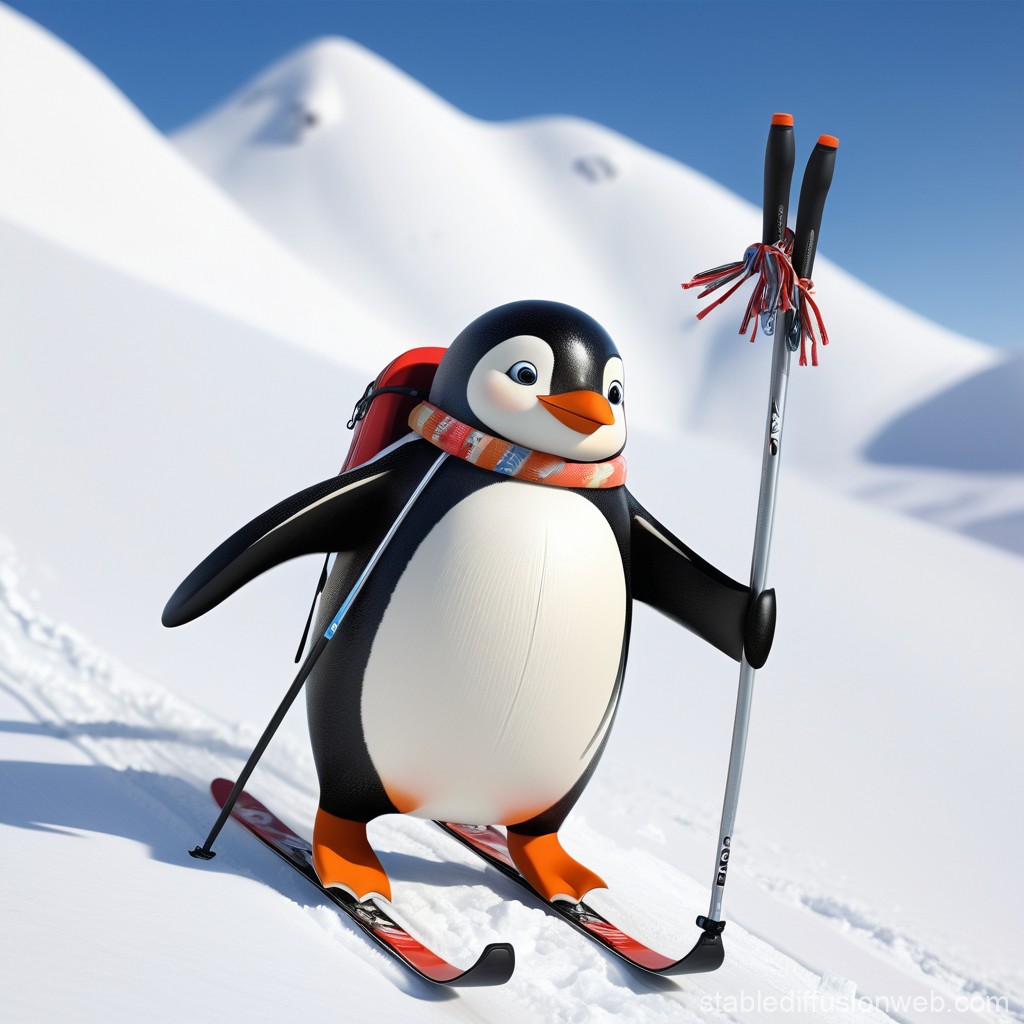 Penguin Skier Down Mountain | Stable Diffusion Online